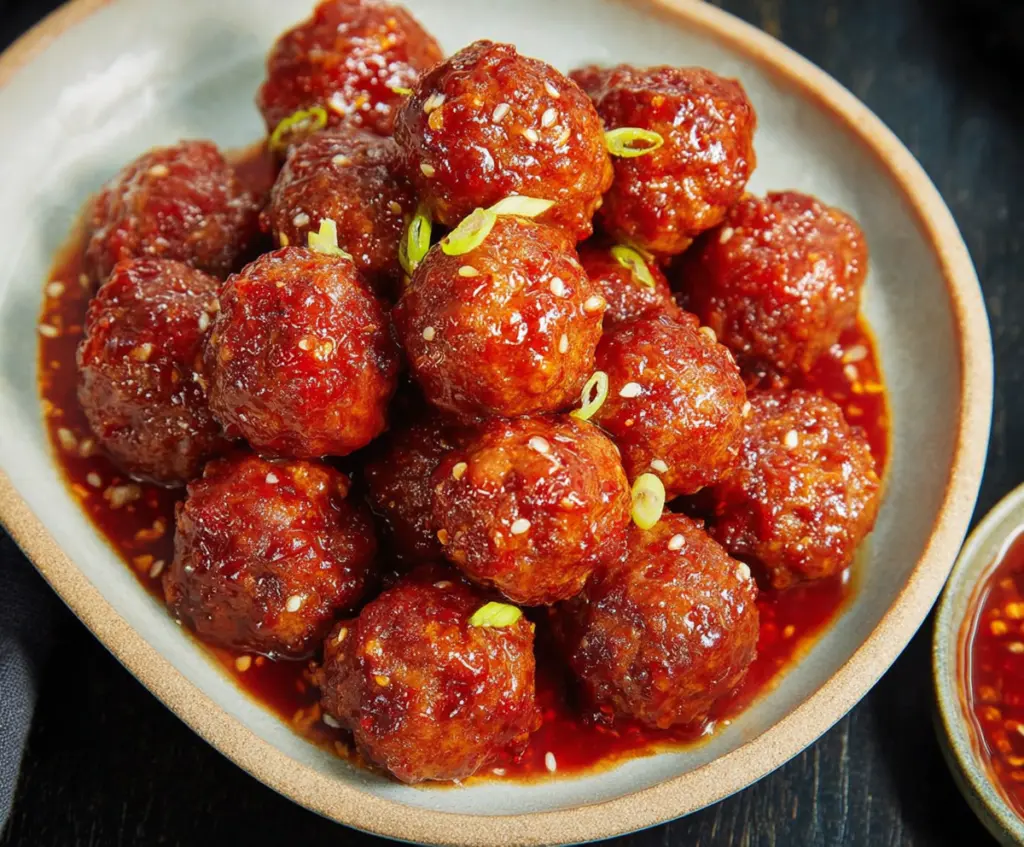 Delicious sweet and spicy homemade meatballs served on a platter. Perfect appetizer or main dish.