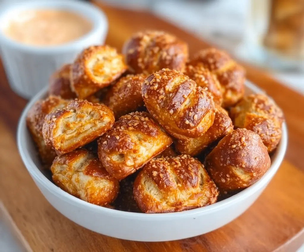 Close-up of crispy Taco Pretzel Bites garnished with fresh herbs on a white plate.