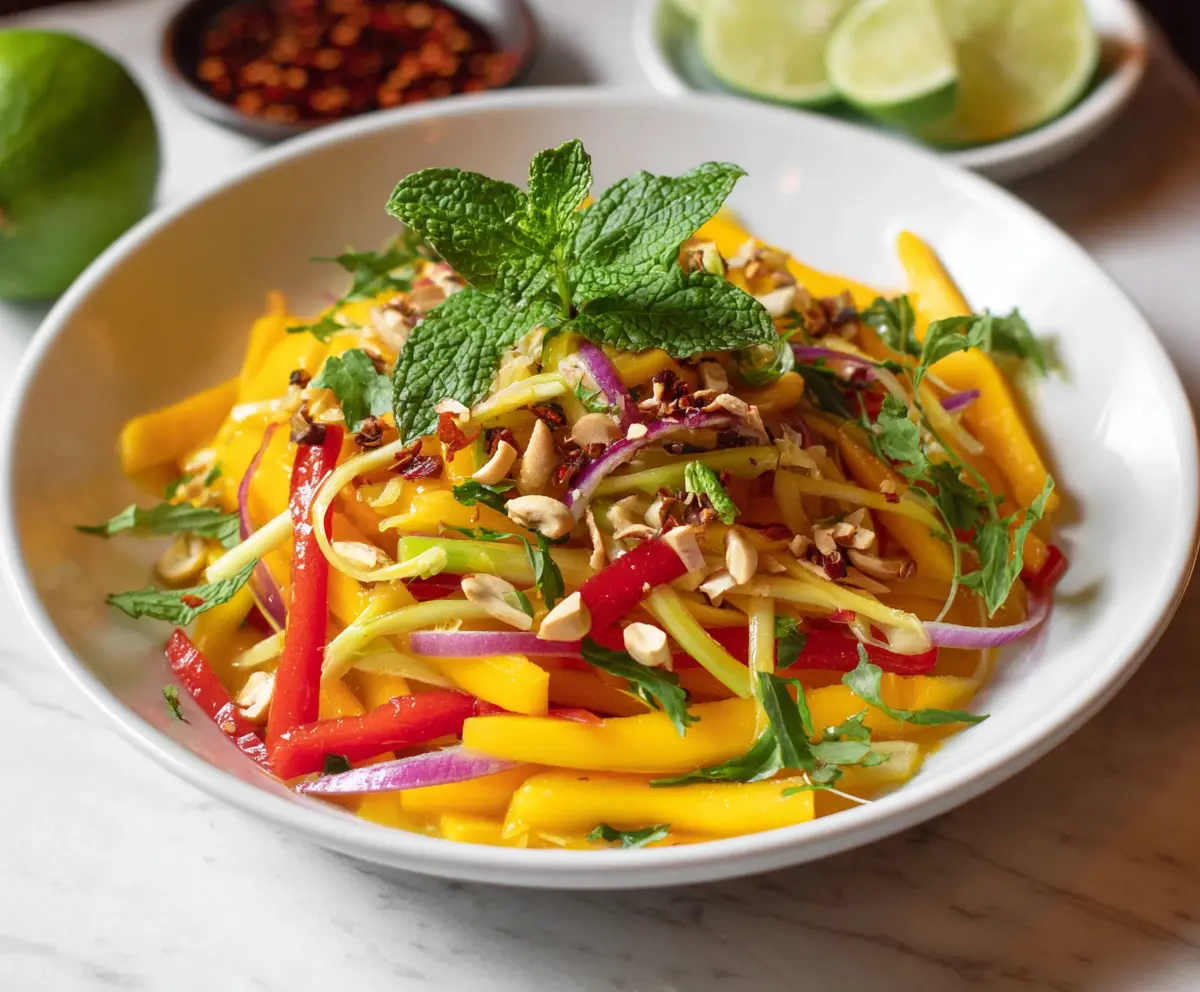 Fresh Thai Mango Salad with herbs and chili, perfect for a light and flavorful meal