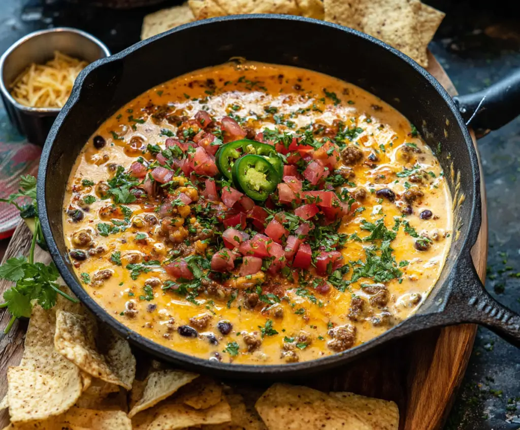 Creamy Cowboy Queso Dip served with tortilla chips, perfect for party snacking.