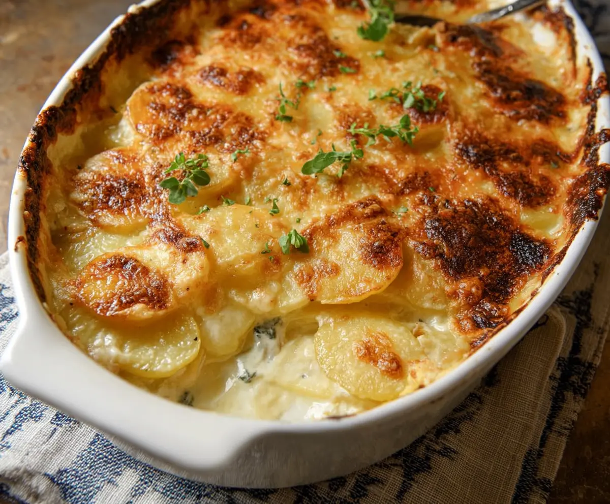 Creamy three cheese scalloped potatoes topped with melted cheese and herbs, served in a baking dish.
