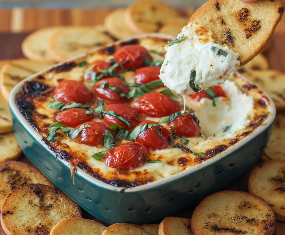 Creamy Tomato Mozzarella Caprese Dip garnished with fresh basil for a flavorful appetizer.