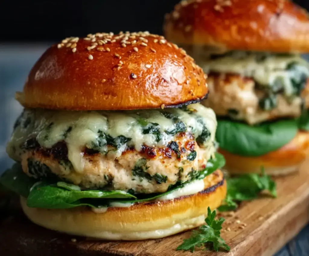 Savory White Cheddar Spinach Chicken Burger on a bun with fresh greens