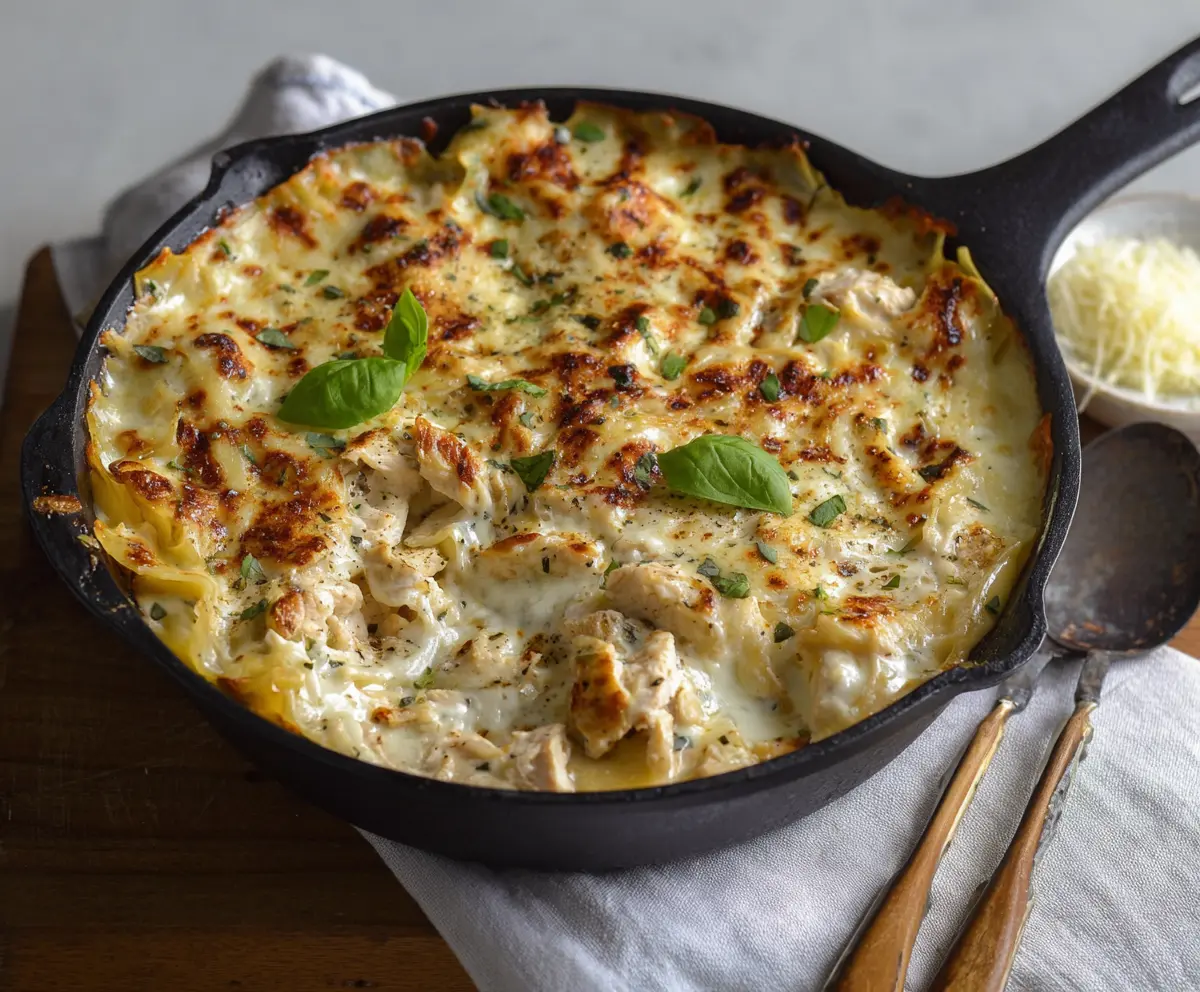 Delicious White Chicken Skillet Lasagna with creamy cheese and tender chicken layers in a skillet.