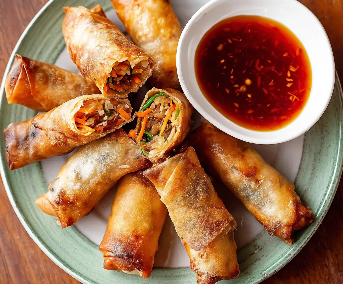 Crispy air fryer spring rolls with fresh vegetables on a white plate.