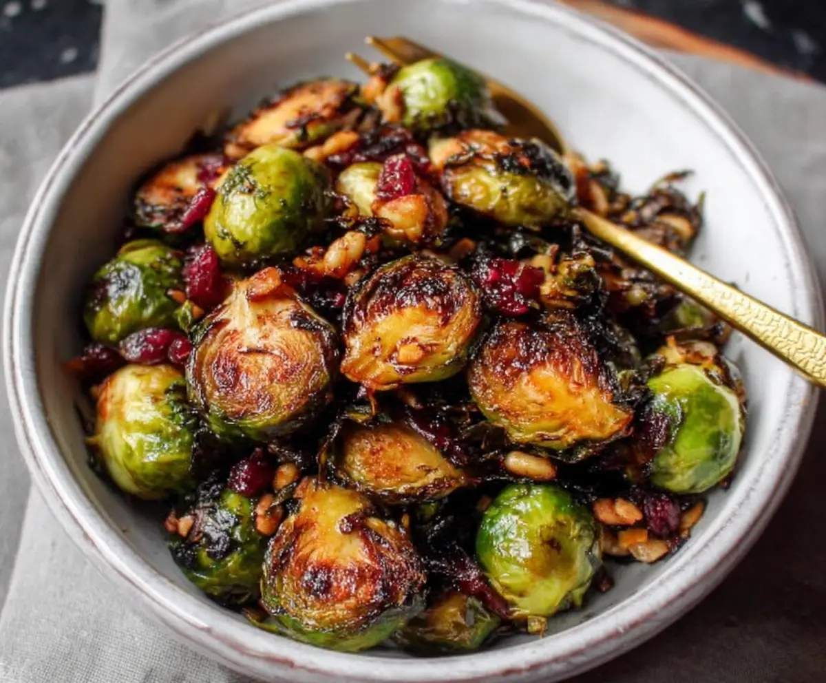 Delicious roasted Brussels sprouts drizzled with balsamic glaze, perfect for a healthy side dish