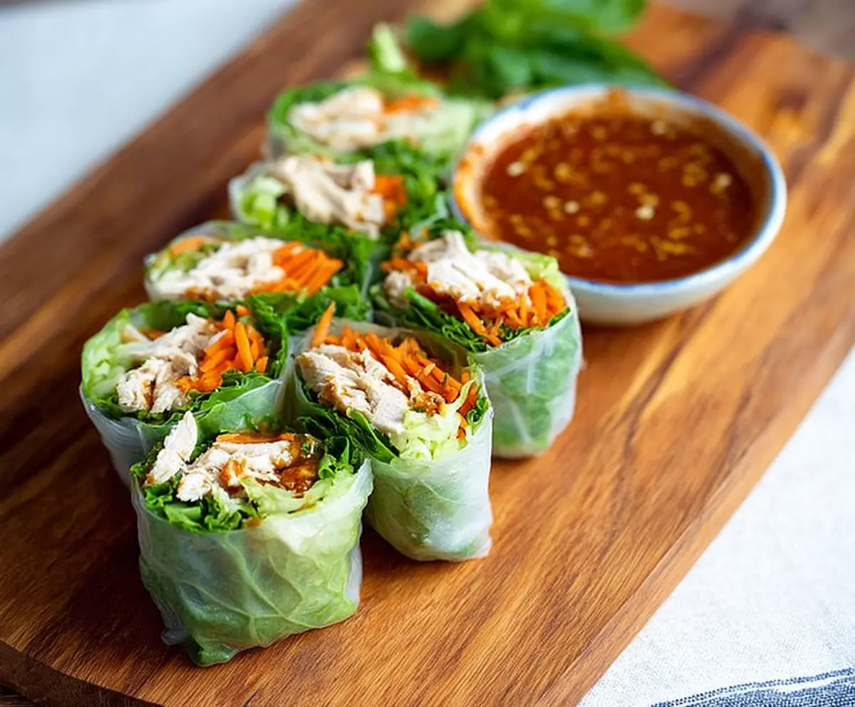 Delicious Bang Bang Chicken Rice Paper Rolls with fresh vegetables and savory sauce
