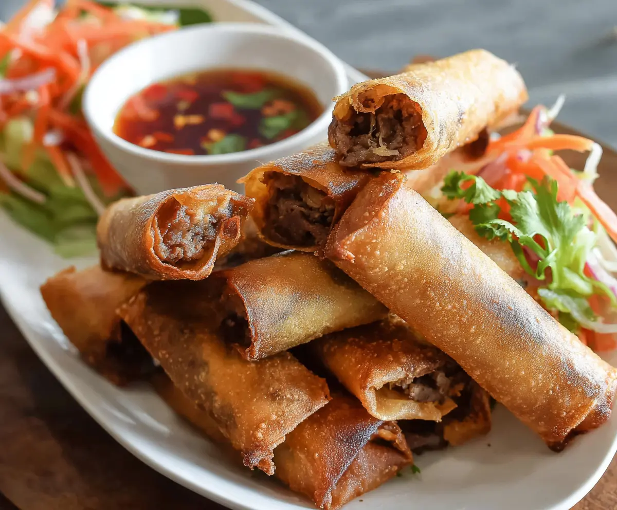 Crispy beef lumpia with savory filling served on a white plate