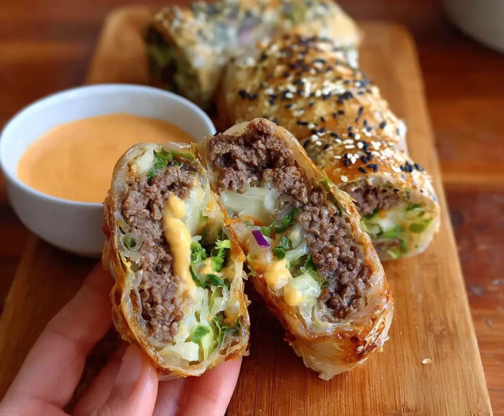 Delicious Big Mac-inspired rice paper rolls with lettuce, cheese, and special sauce.