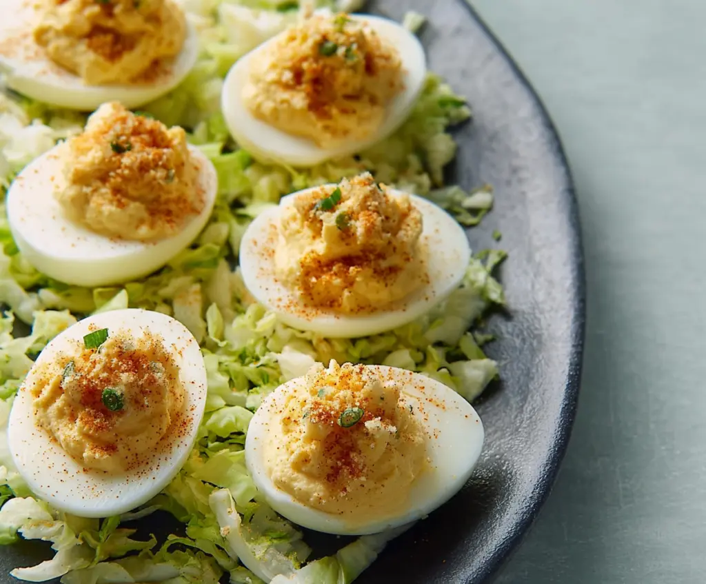 Creamy Caesar Deviled Eggs garnished with fresh herbs and Parmesan cheese, perfect for appetizers or parties.