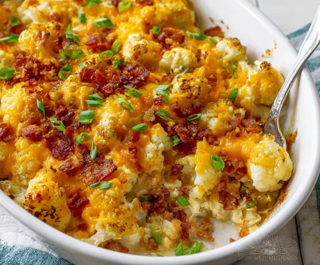 Delicious cheesy loaded cauliflower casserole with bacon and green onions, perfect for keto dinners.