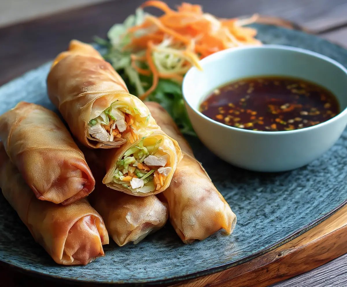 Delicious chicken spring rolls with fresh vegetables and crispy wrap, ready to serve as an appetizer or snack.