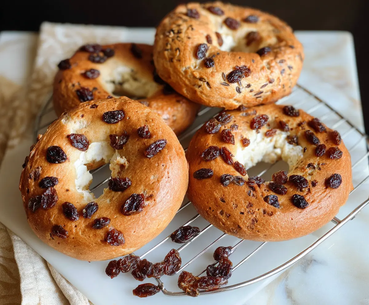 Delicious cinnamon raisin yogurt bagels on a breakfast plate with fresh fruit.