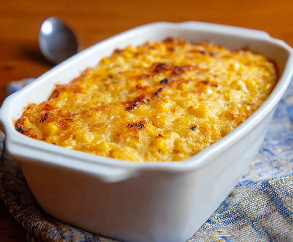 Delicious Corn Casserole in a baking dish, perfect for a family dinner