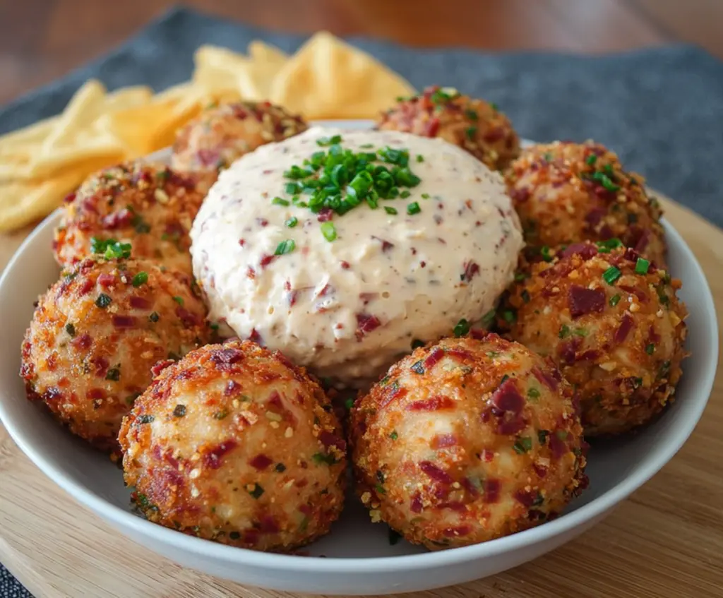 Delicious Corned Beef and Cheese Balls on a plate, perfect for appetizers and parties.