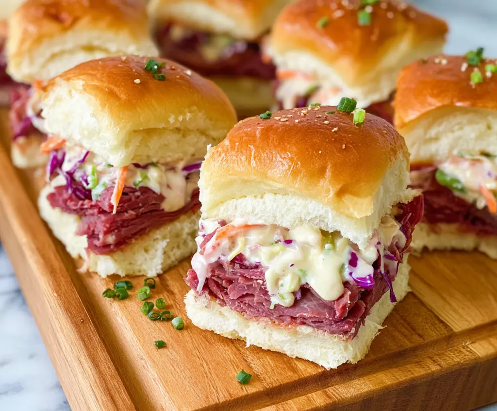 Delicious Corned Beef Sliders on a plate with melted cheese and pickles, perfect for game day snacks.