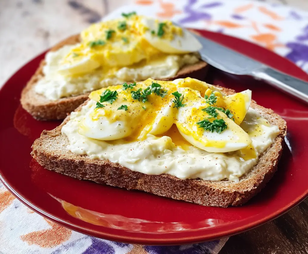 Creamed eggs on toasted bread served as a delicious breakfast recipe.