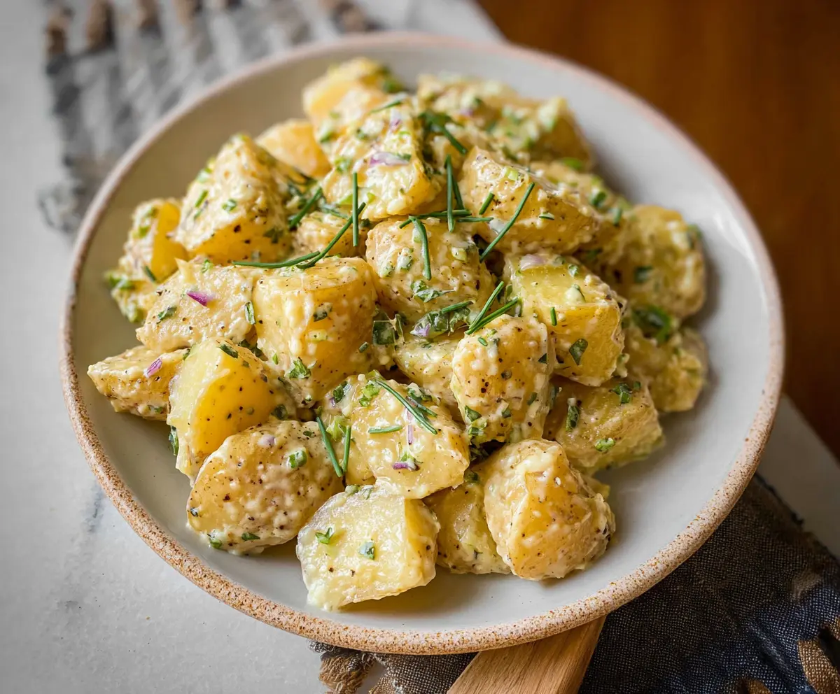 Creamy mustard potatoes served as a delicious side dish with herbs and spices.