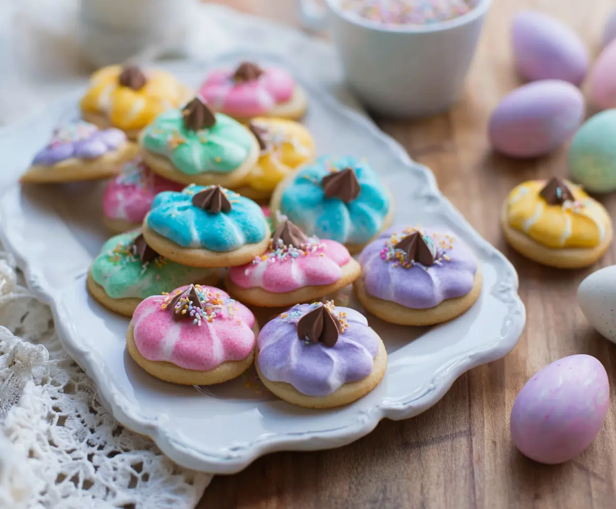 Delicious Easter Blossom Cookies decorated with pastel icing and sprinkles for spring celebration.