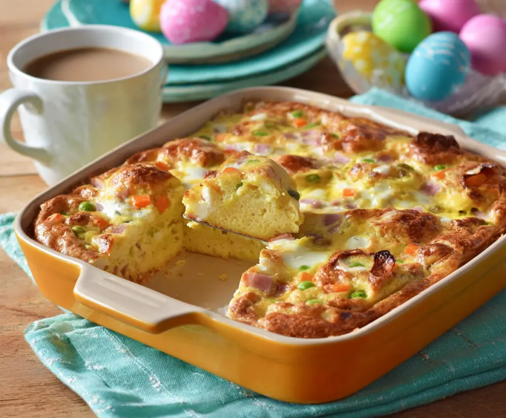 Delicious Easter Breakfast Bake with eggs, cheese, and crisp toppings on a festive plate