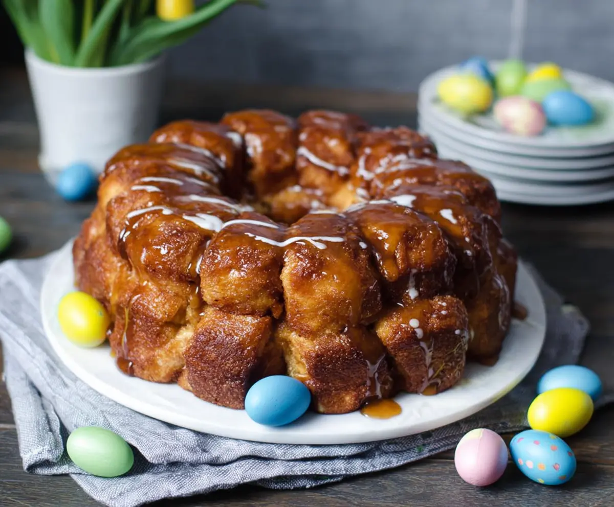 Delicious Easter Brunch Monkey Bread topped with powdered sugar and fresh fruit.