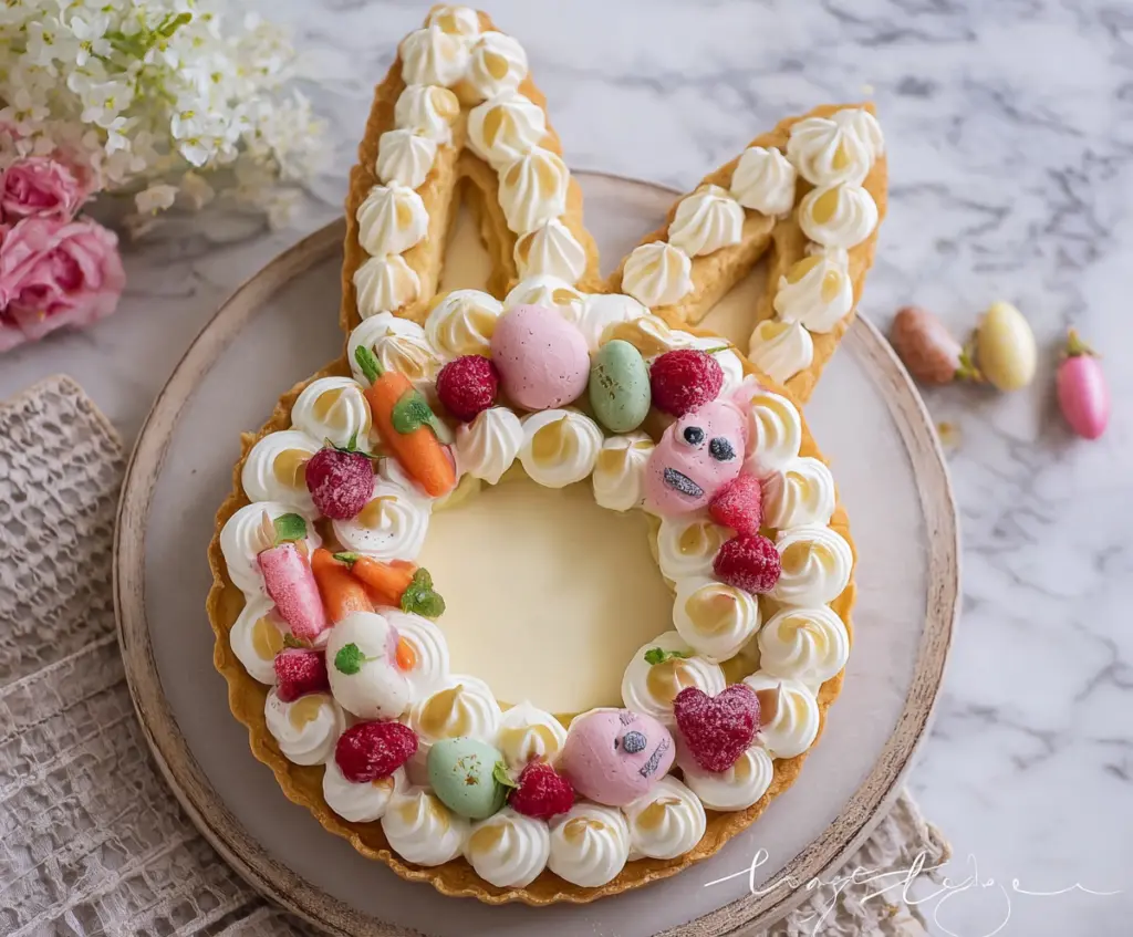 Easter Bunny Cream Tart decorated with colorful candies and fresh berries for Easter celebration.