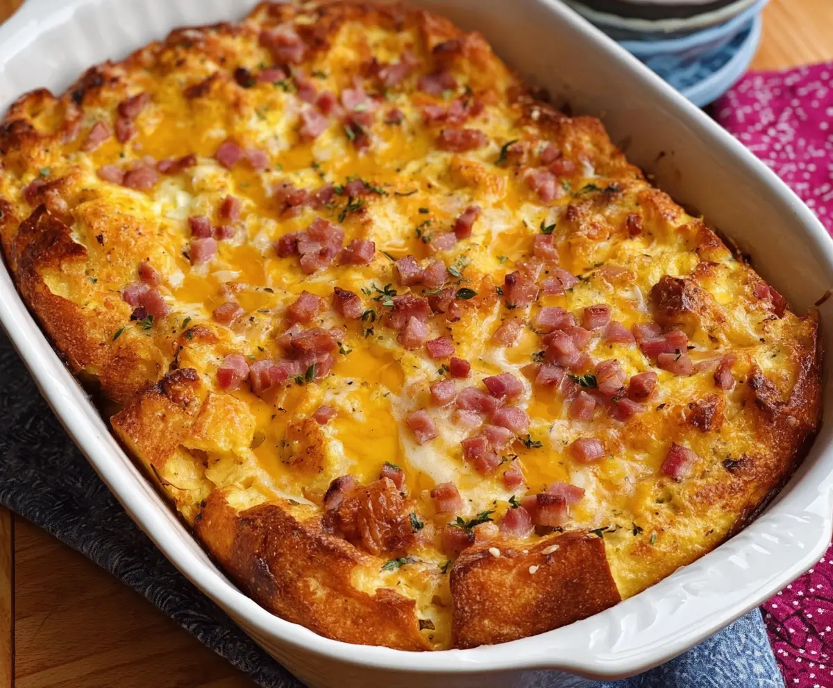 Delicious Easter cheesy ham and egg casserole garnished with herbs in a baking dish.