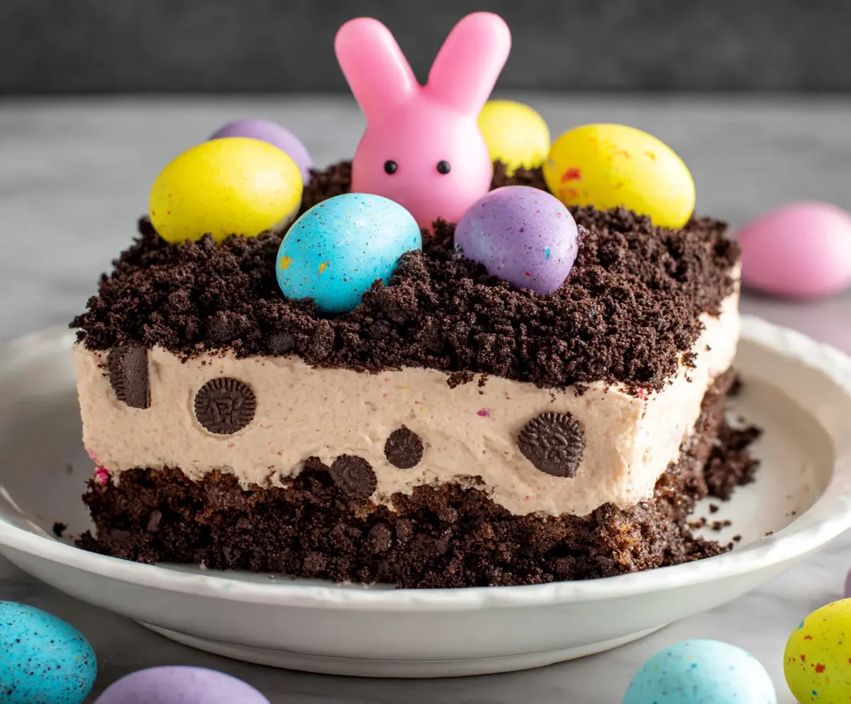 Delicious Easter Dirt Cake with chocolate and colorful candies for festive celebration