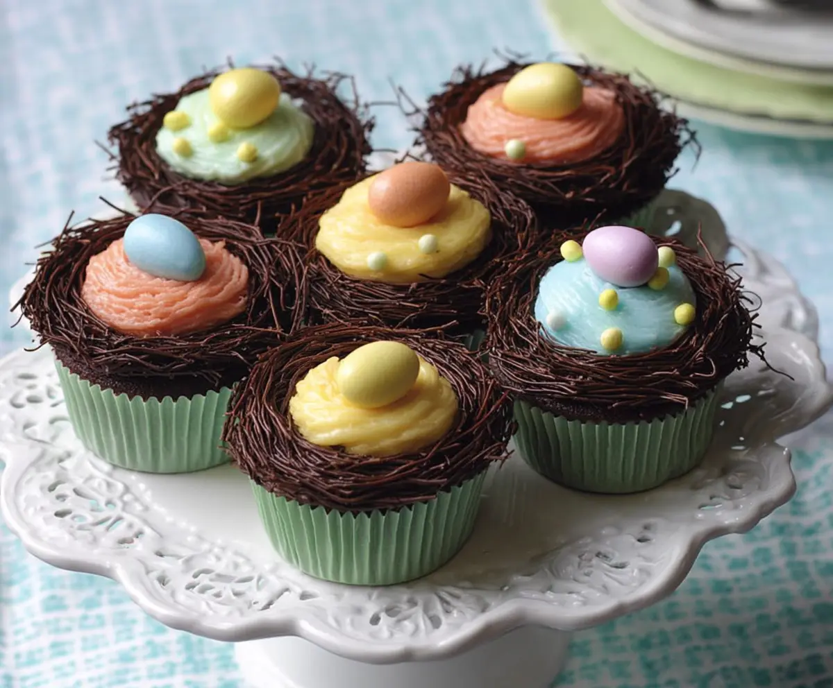 Delicious Easter Egg Nest Cupcakes topped with colorful candy eggs, perfect for spring celebrations.