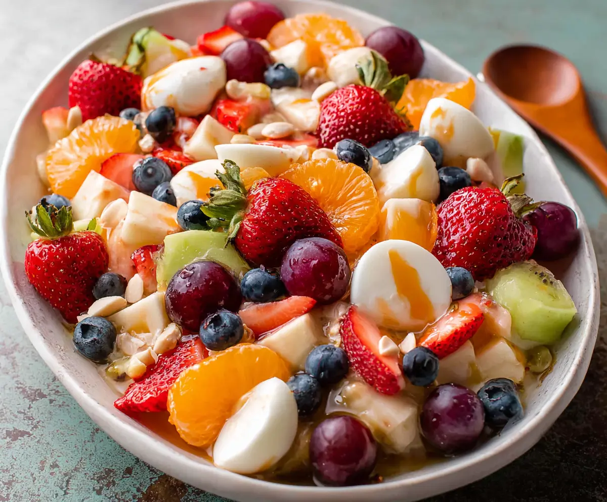 Colorful Easter Fruit Salad with fresh strawberries grapes and pineapple for a festive dessert