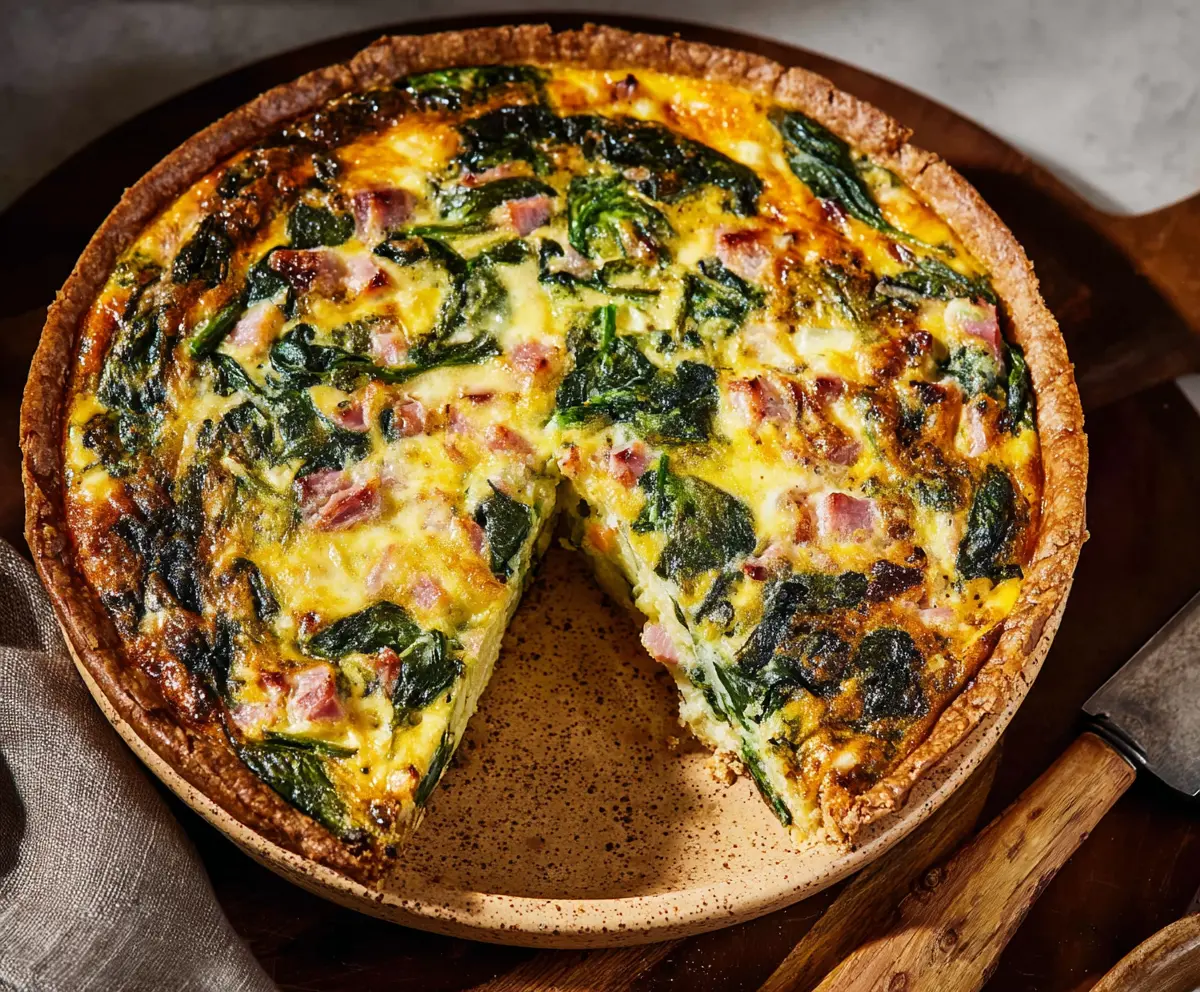 Delicious Easter ham and spinach quiche ready to serve for holiday brunch.