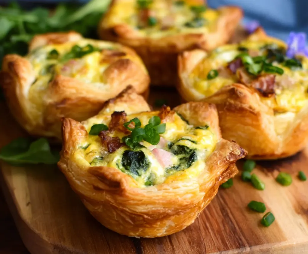 Delicious Easter Puff Pastry Quiche Cups filled with cheese, ham, and fresh vegetables, perfect for holiday brunch.