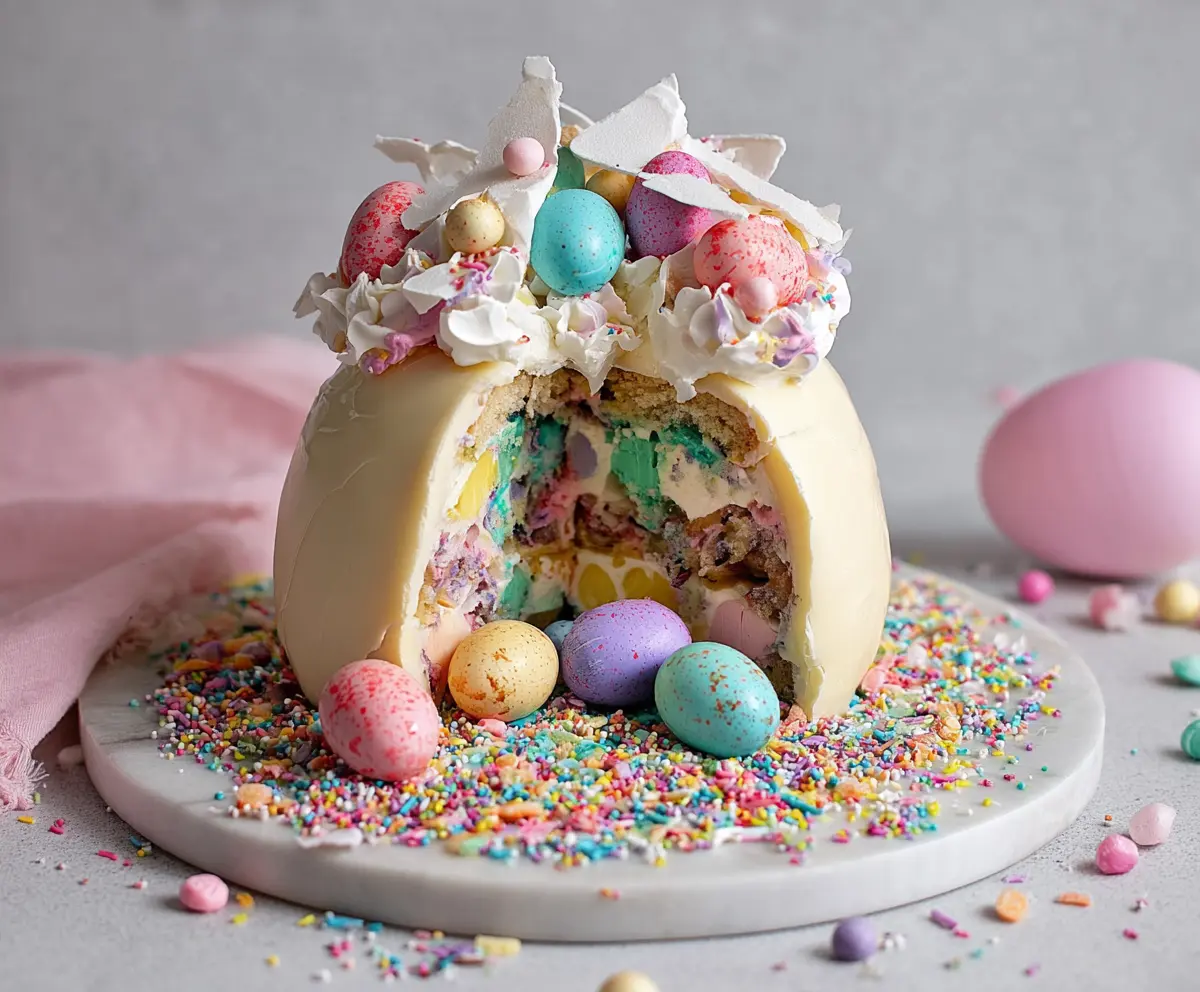 Delicious Epic Easter Egg Smash Cake with vibrant colors and festive decorations for Easter celebration.