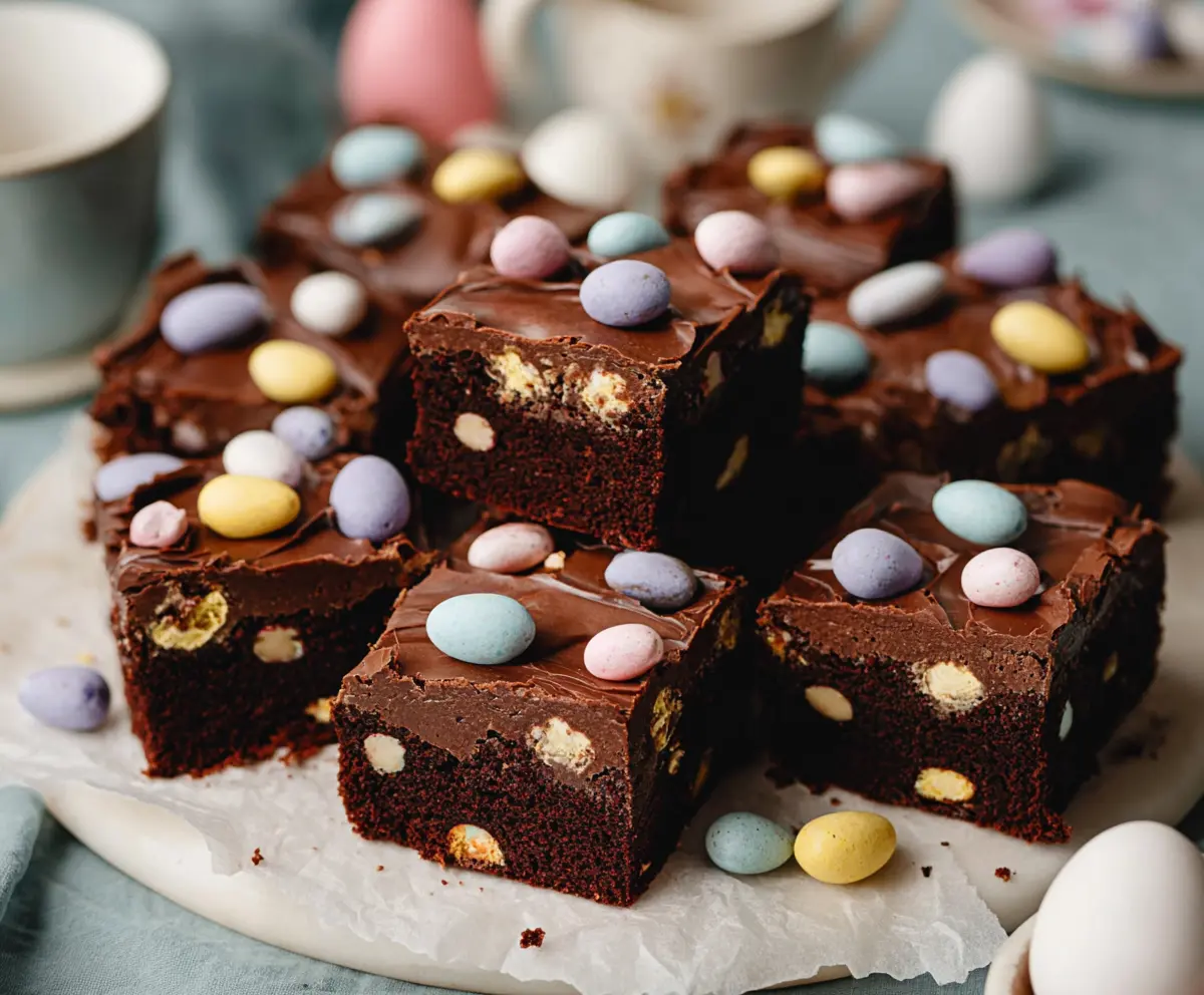 Delicious Frosted Mini Egg Easter Brownies with colorful toppings ready for spring celebrations