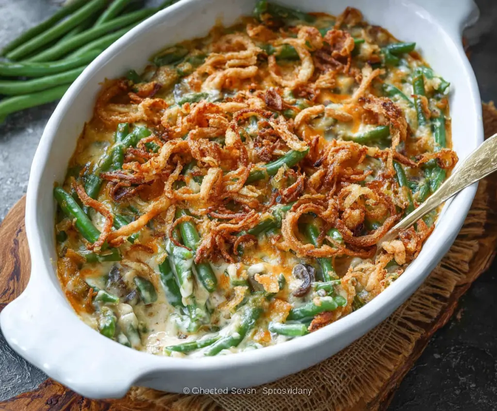 Delicious homemade Green Bean Casserole with crispy fried onions on top