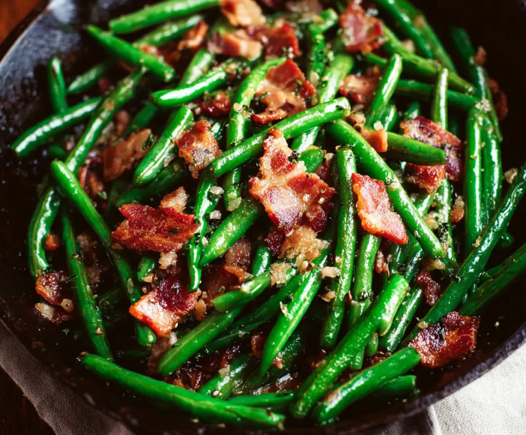 Fresh green beans cooked with crispy bacon for a savory side dish.