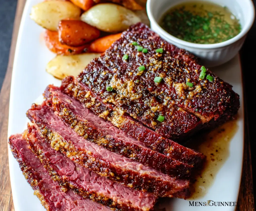 Delicious Guinness braised corned beef served with cabbage and potatoes