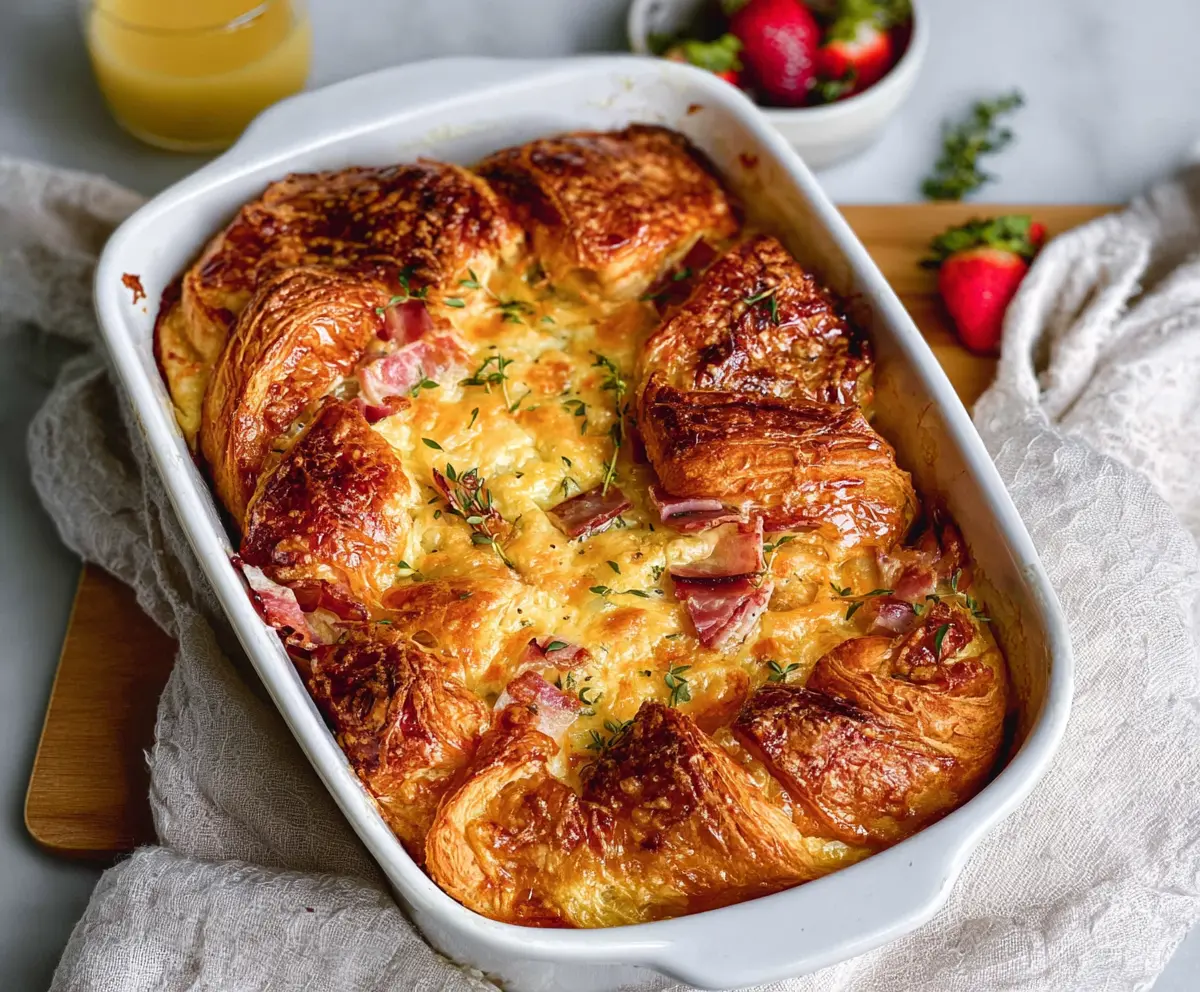 Delicious ham and cheese croissant brunch bake sliced and ready to serve.