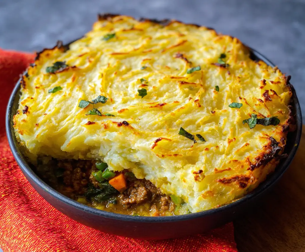 Homemade Irish Shepherd's Pie topped with golden mashed potatoes and savory ground meat in a rustic setting.