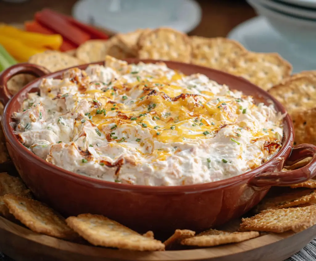 Creamy and cheesy boat dip served with crunchy chips, perfect for parties and gatherings.