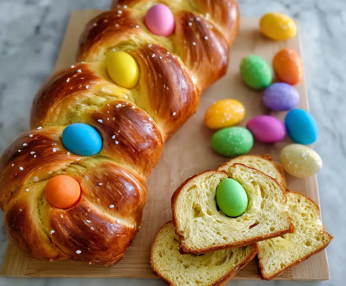 Traditional Italian Easter bread topped with vibrant colorful eggs for festive celebration.
