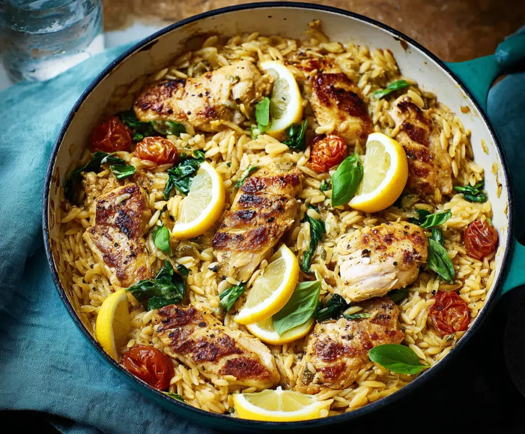 Delicious Lemon Chicken and Orzo pasta dish with fresh herbs on a plate.