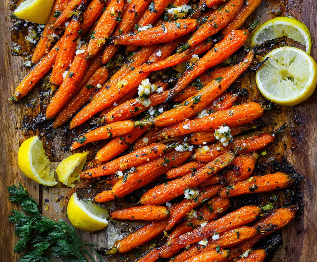 Delicious Lemon Dijon Roasted Carrots garnished with fresh herbs on a white plate