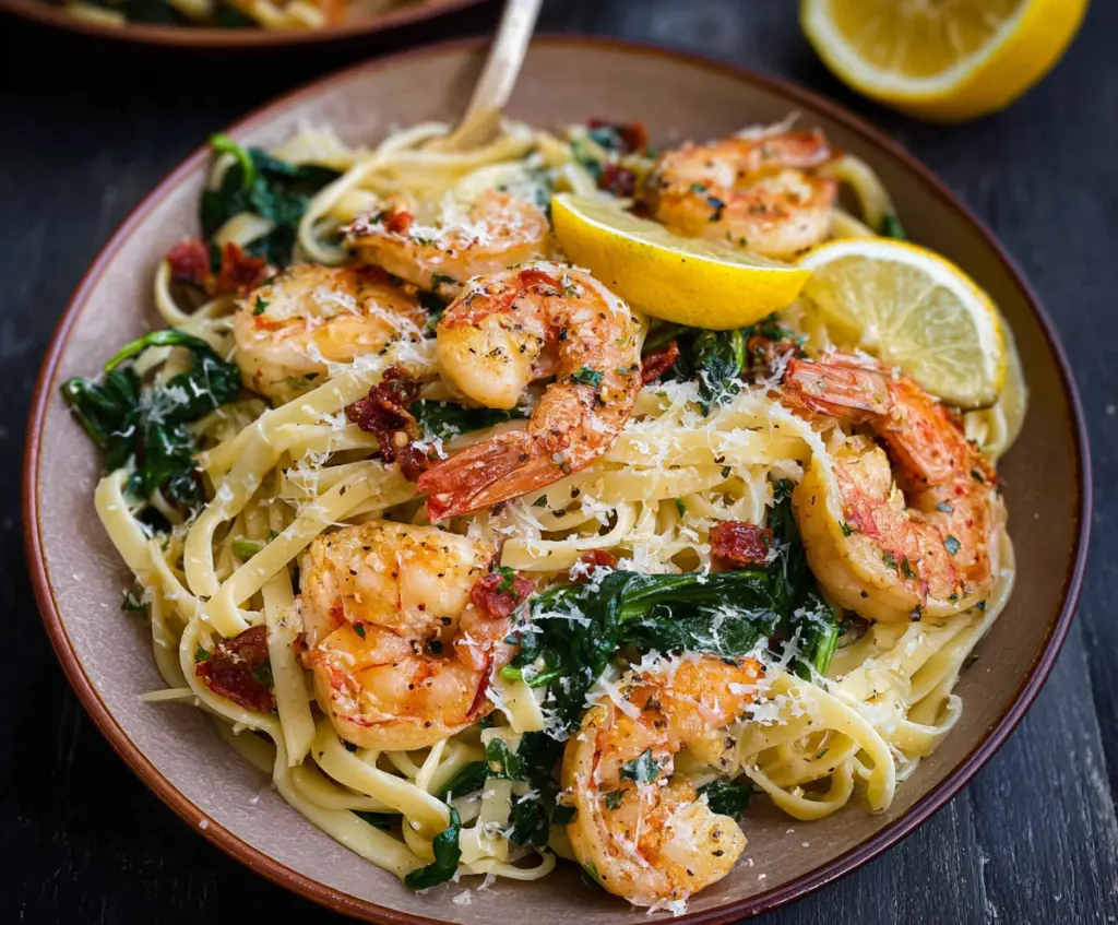 Delicious Lemon Garlic Shrimp Pasta with fresh parsley and lemon wedges on a white plate
