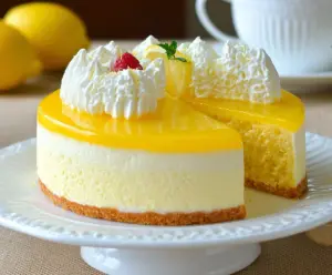 Delicious Lemon Mousse Cake with a smooth lemon flavor and a light, fluffy texture.