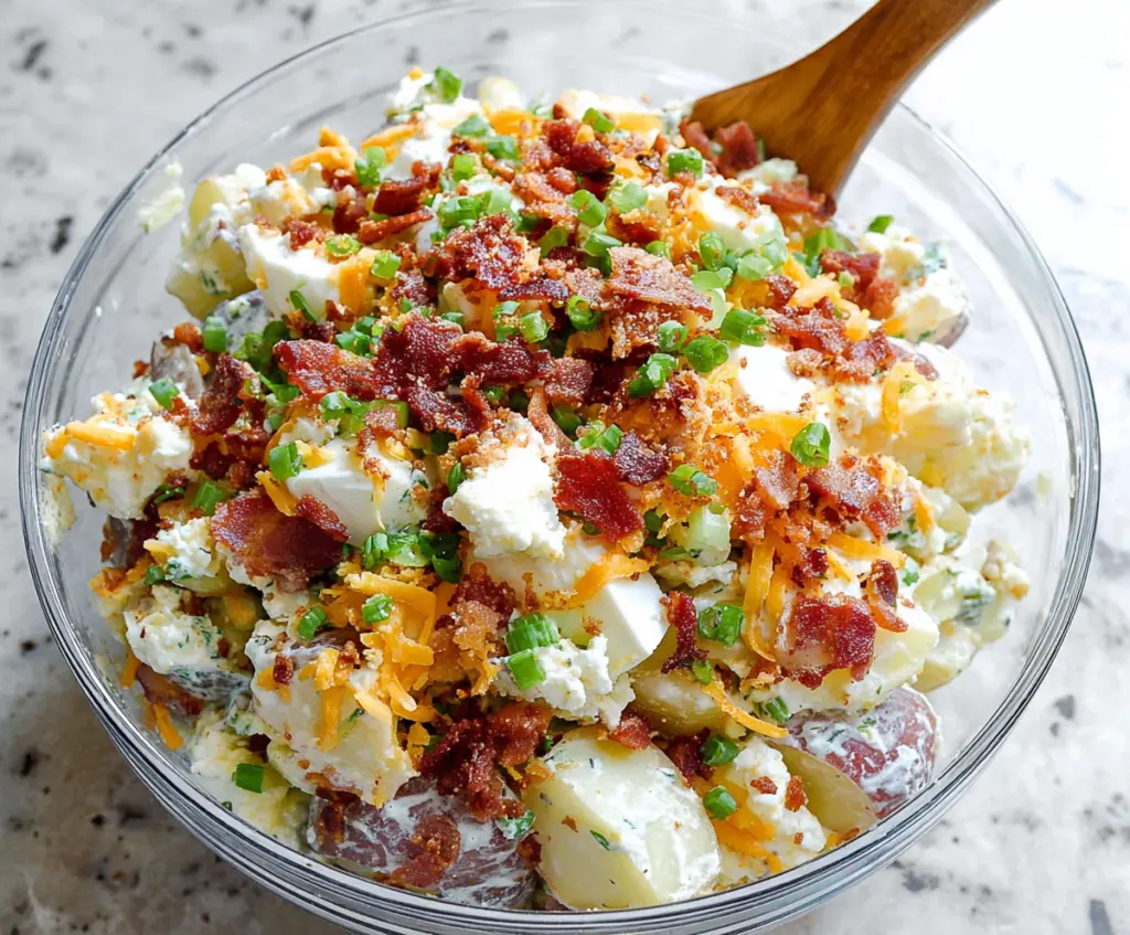 Creamy loaded potato salad with bacon, cheese, and green onions in a bowl