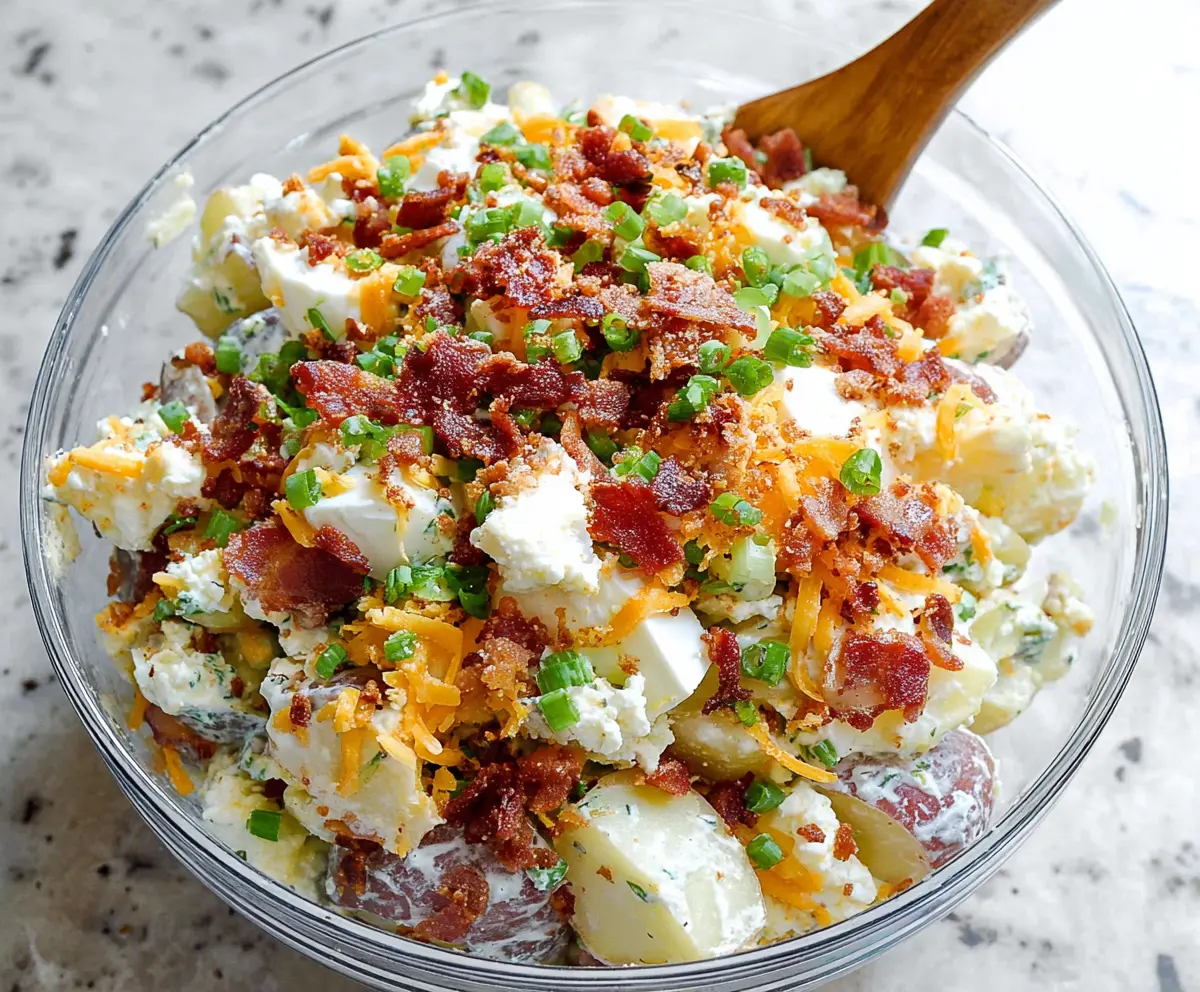 Creamy loaded potato salad with bacon, cheese, and green onions in a bowl