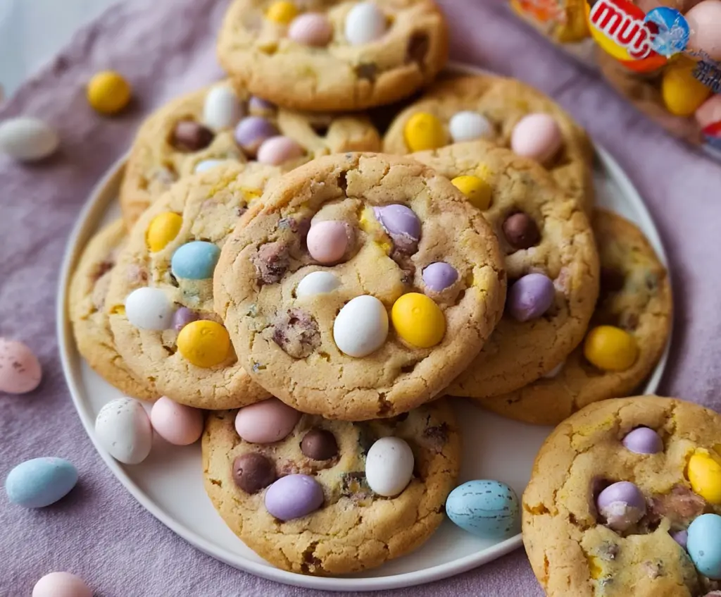 Delicious mini egg cookies with colorful candies and a crispy edges on a baking sheet.
