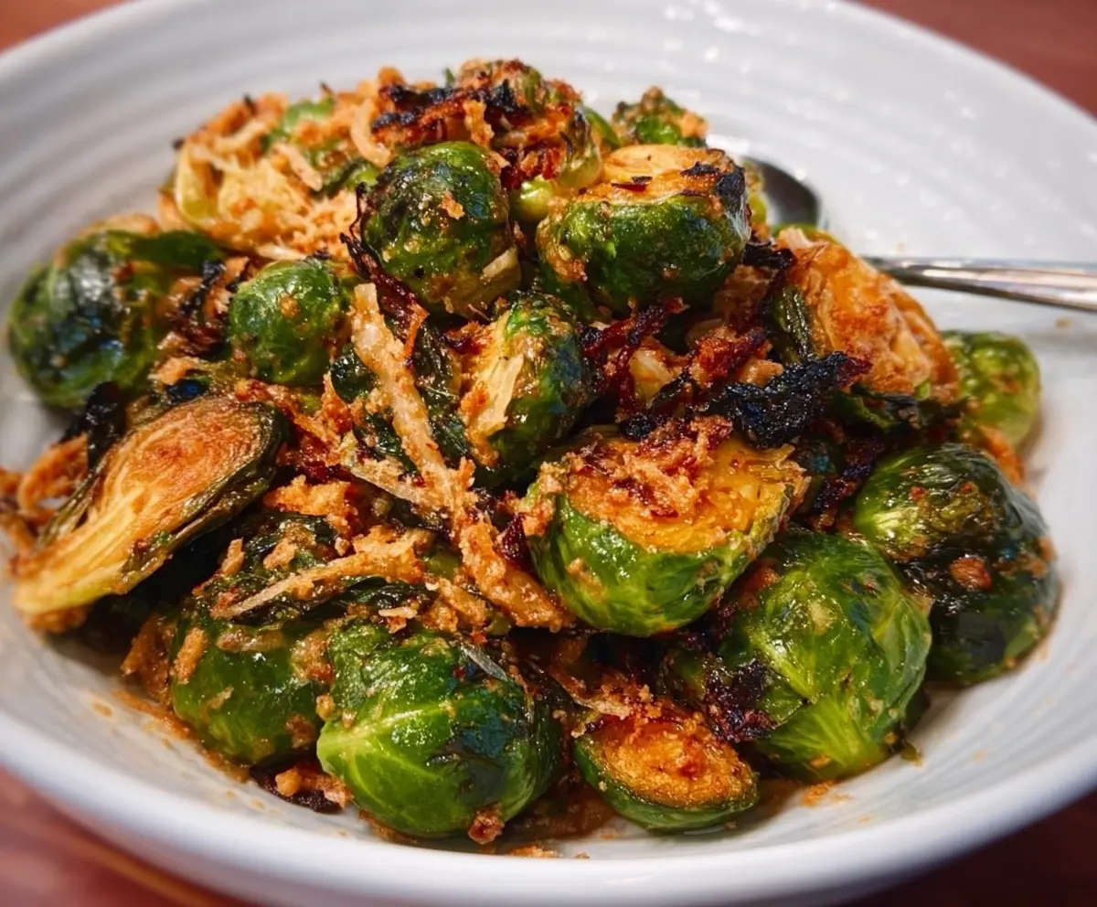 Crispy roasted Brussels sprouts served with Red Lobster-style seasoning and lemon wedge.