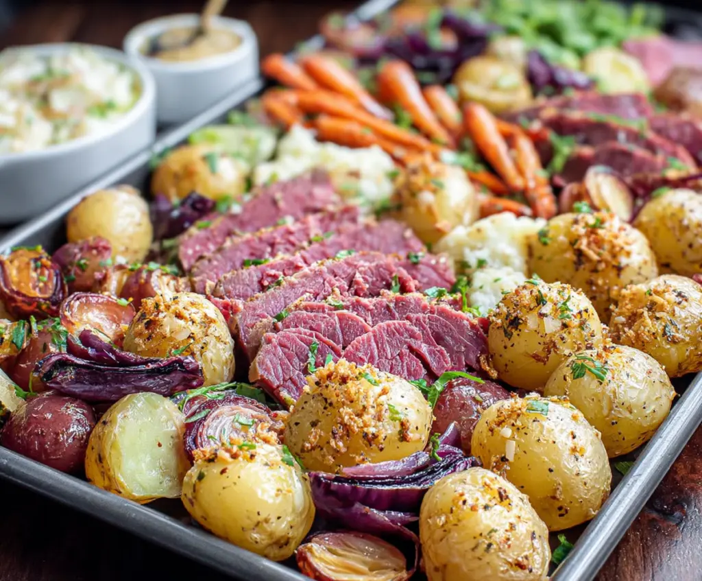 Delicious sheet pan corned beef with crispy vegetables and savory seasonings
